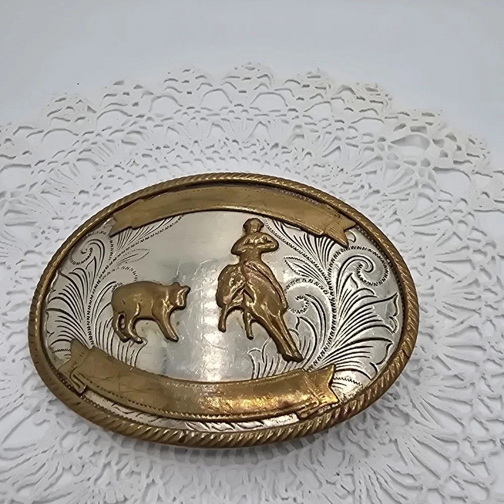 Vintage German Silver Belt Buckle Cowboy Horse Riding Western Scene